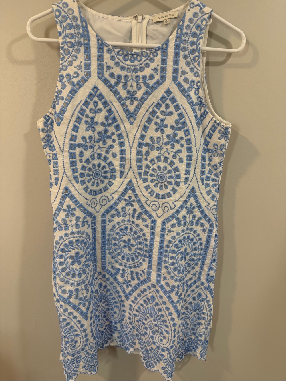 Skies Are Blue White Tank Top with Sky Blue Embroidered Medallions